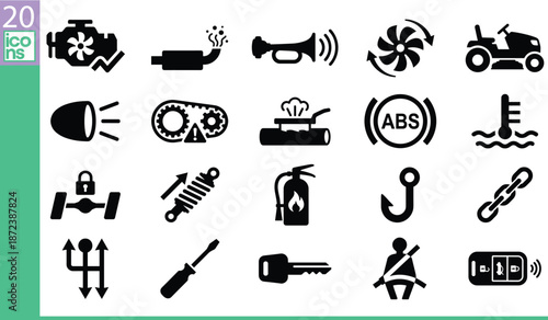 Automotive repair icons, industrial manufacturing symbols, car service tools, mechanical engineering elements, vehicle maintenance equipment, garage workshop graphics, technical motor hardware