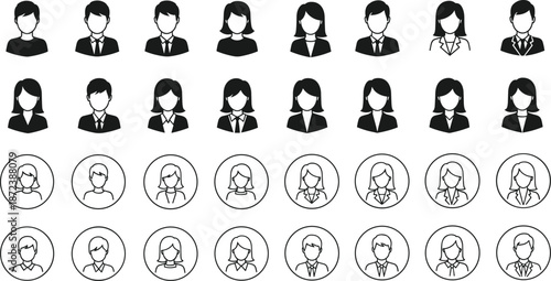 Avatar icon set with male and female profile portraits, minimal line art user faces collection for web, app, interface design