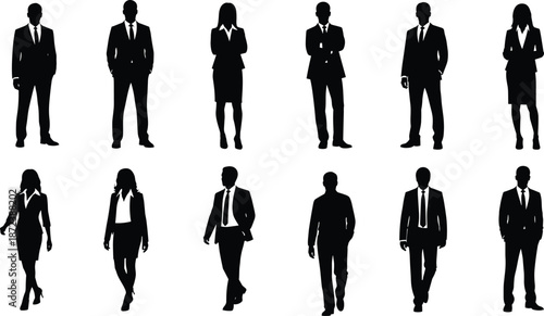 Business people silhouettes set with men and women in formal suits, professional standing and walking poses for corporate design