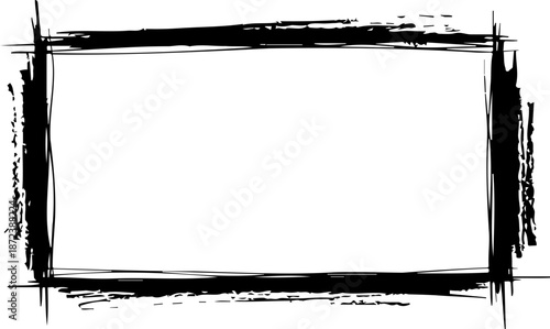 A minimalist rectangular frame with a black brush stroke design on a white background silhouette