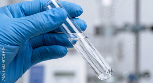 Obraz na płótnie Scientist Hand in Blue Glove Holding Test Tube with Liquid