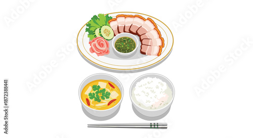 Delicious set of roasted crispy pork belly served with rice, spicy dipping sauce, and a bowl of hot clear soup with tofu.