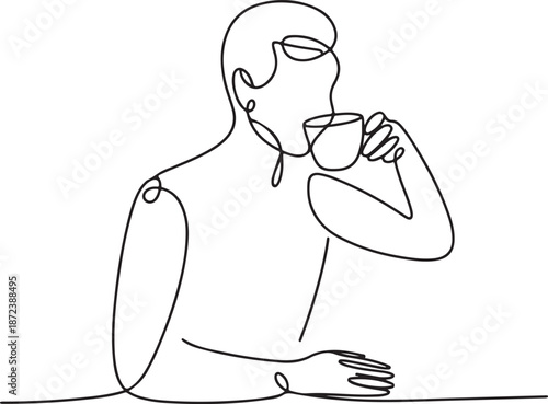 Minimalist Continuous Line Art Seated Figure Sipping Coffee
