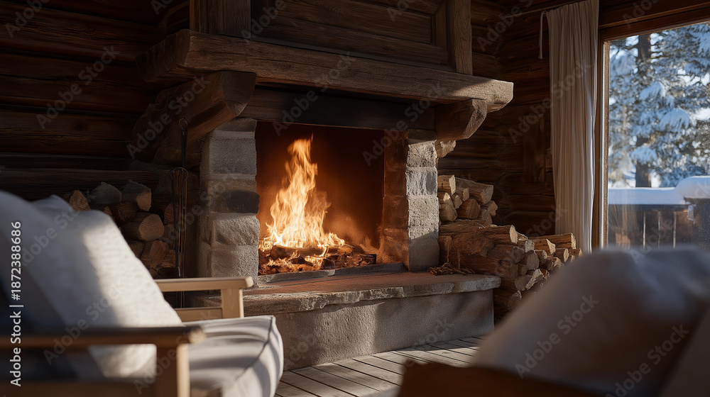 Fototapeta premium Traditional wooden cabin in winter featuring a fireplace, soft shadows and warmth creating a timeless sense of comfort and escape. cinematic color correction, natural uneven lighting yet gentle