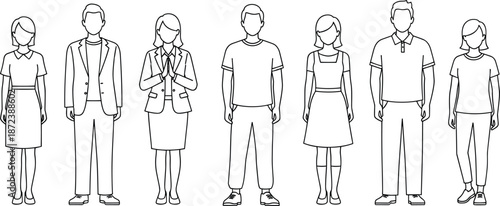 Minimal line art people characters standing together, diverse men and women outlines, modern human figures illustration for design, web, print
