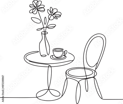 Minimalist Continuous Line Art Small Café Table with Coffee Cup and Flower Vase