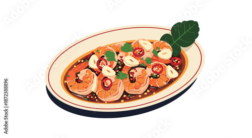 Spicy stir-fried shrimp dish with garlic, chili, and herbs served on a decorated oval plate with a dark shadow on white.