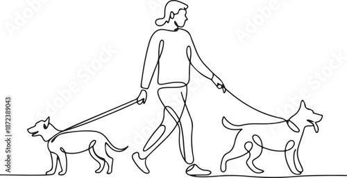 Woman walking two dogs on leashes in a minimalist line art illustration