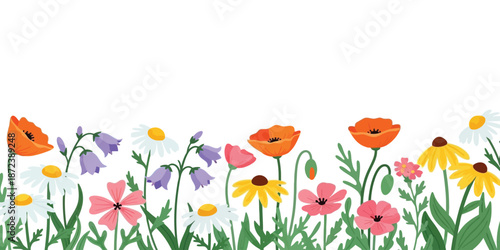 Vibrant flower field silhouette on white background