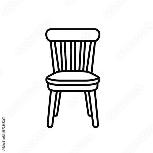 Simple black and white line art illustration of a classic wooden dining chair with a slatted back and cushioned seat.