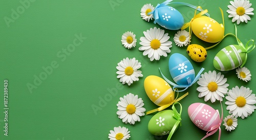 Colorful Easter Eggs with Daisies on Green Background