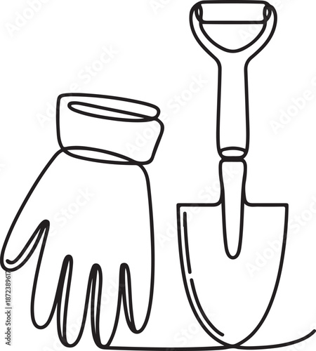 Continuous Line Art Illustration of Gloves Beside Small Hand Shovel in Minimal Gardening Setup