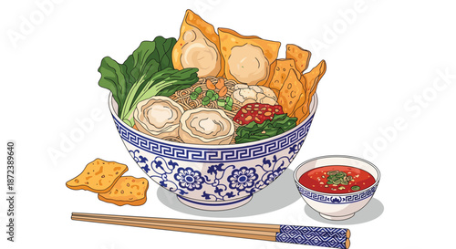 Hearty bowl of wonton noodles with green vegetables, fried crackers, and a side of red chili dipping sauce in china bowl.