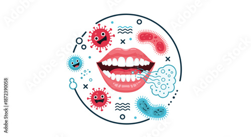 Concept of oral hygiene showing a human mouth surrounded by various colorful bacteria and germs inside a circular frame.