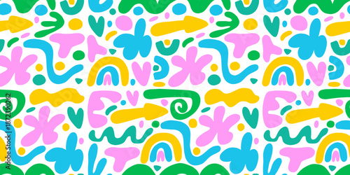 Abstract cute shape doodle seamless pattern. Hand drawn pattern with colorful abstract shapes