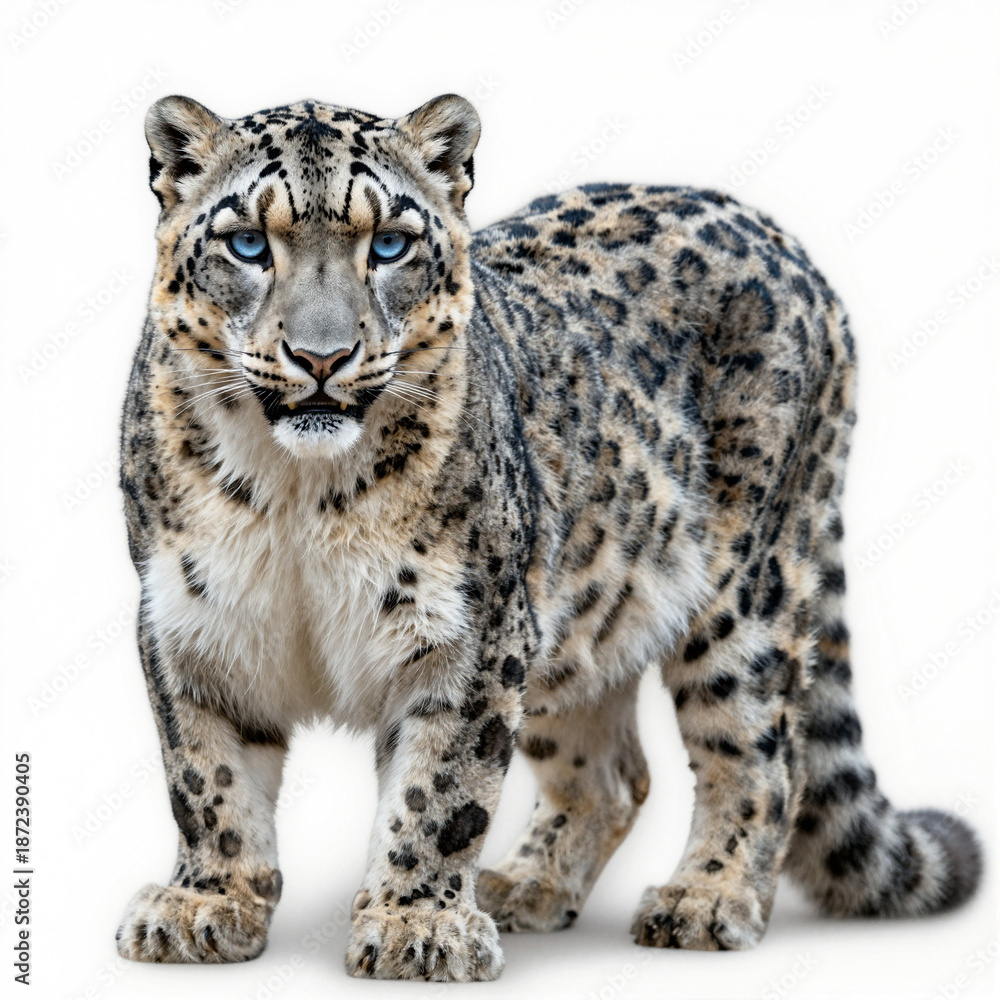 Fototapeta premium Striking portrait of a snow leopard with icy blue eyes, silvery-gray fur and bold rosettes against a white backdrop