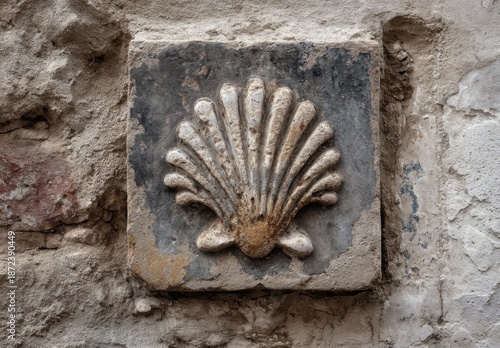 Embossed scallop shell on a tile affixed to a weathered stone wall