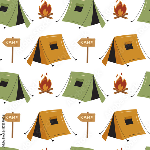 Seamless camping pattern with tents, campfire and wooden sign. Flat vector outdoor illustration on wihte background. Repeating pattern for textile, wallpaper, wrapping paper and kids projects.