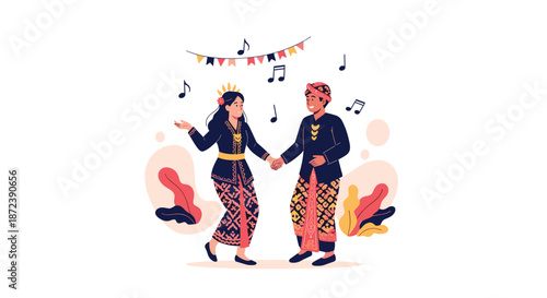 Cheerful couple performing a traditional javanese dance wearing batik clothing with festive decorations and musical notes.