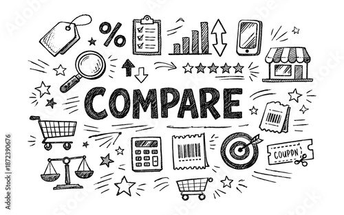 Doodle illustration of compare concept with shopping and business icons