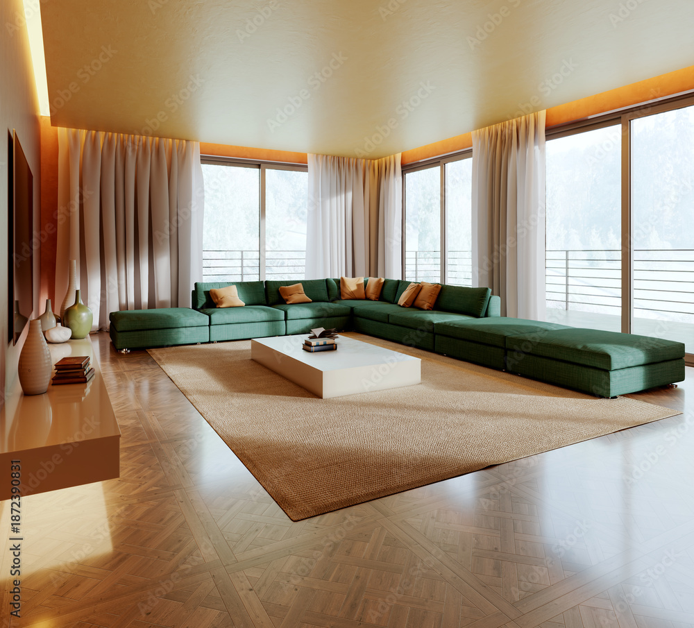 Fototapeta premium Large luxury modern bright interiors Living room mockup illustration 3D rendering image