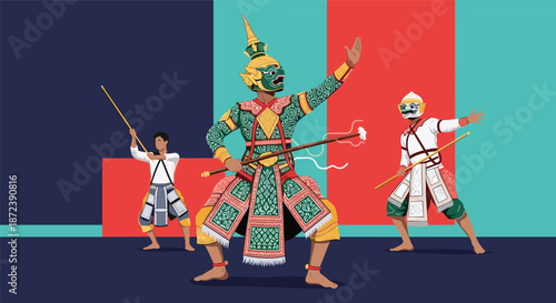 Three performers dressed in elaborate thai khon masks and costumes engaged in a traditional dramatic dance performance.