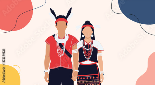 Minimalist illustration of a male and female couple from the naga tribe wearing traditional red and black ethnic attire.