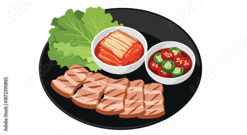 Sliced grilled pork belly served on a black plate with fresh lettuce, kimchi, and spicy green chili dipping sauce.