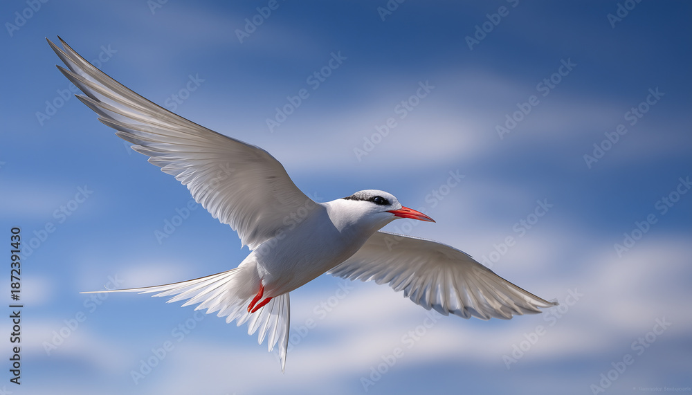 Fototapeta premium Arctic tern bird flies with wings spread wide against a clear blue sky. This graceful seabird shows its red beak and feet during its