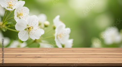 White flowers with yellow centers on a wooden table background