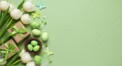White tulips green eggs and gift boxes on green background