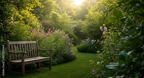 Wooden bench in a lush garden with colorful flowers and greenery