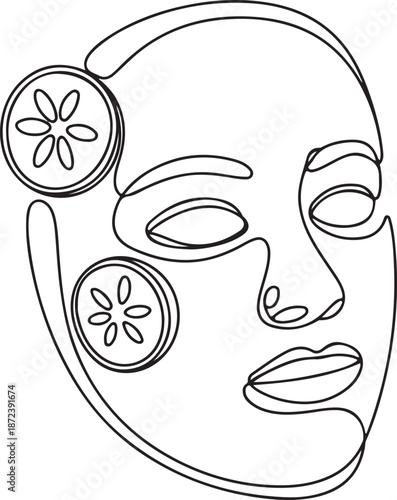 Continuous Line Art Illustration of Spa Facial Mask with Cucumber Slices Detail