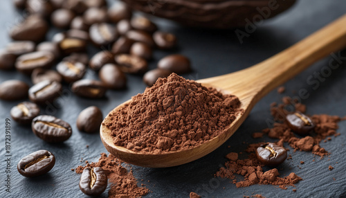 Wooden spoon filled with rich cocoa powder. Cacao pod and beans nearby on dark surface. Ready for baking or making hot chocolate
