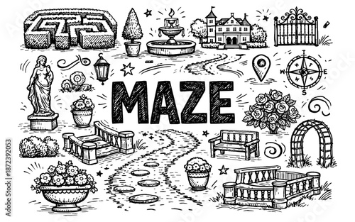 Whimsical hand-drawn illustration of a garden maze with decorative elements and pathways