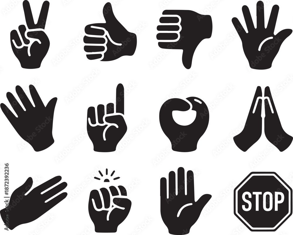 Fototapeta premium Set of black hand gesture silhouettes showing different poses like thumbs up, peace, pointing, and fist, isolated on a white background. Perfect for icons, UI, and design projects.