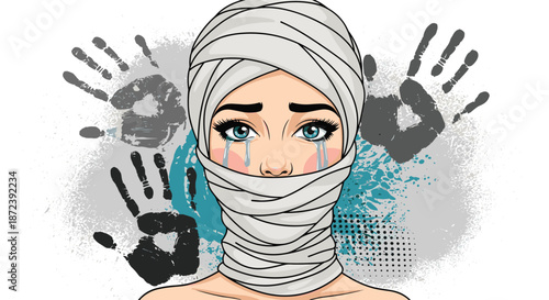 Emotional portrait of a woman with a bandaged face and head crying blue tears with dark handprints in the background.