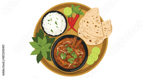 Traditional indian thali meal with spicy curry, steamed rice, flatbread roti, fresh herbs, red chilies, and lime slices.
