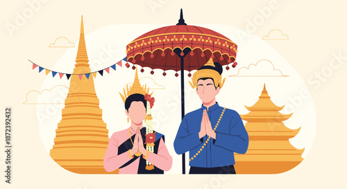Beautiful illustration of a thai couple in traditional wedding attire performing a greeting gesture in front of pagodas.