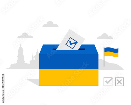 Ukrainian election ballot box with national flag colors and voting paper, civic democratic process concept with minimal flat design representing choice, participation and freedom. Vector illustration