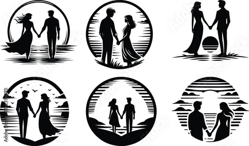 Valentine day couple holding hands at sunset bundle silhouette icon vector art illustration