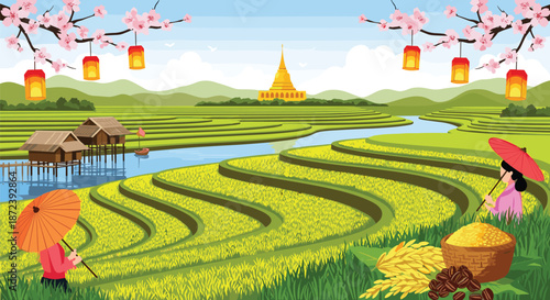 Scenic illustration of terraced rice fields in a valley with farmers working near traditional huts and a golden pagoda in the distance.