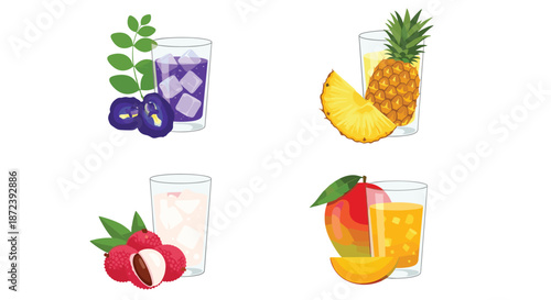 Collection of four refreshing fruit juice glasses featuring butterfly pea, pineapple, lychee, and mango flavors with fresh ingredients.