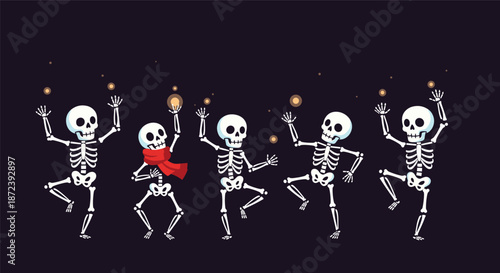 Group of five cute cartoon skeletons dancing happily under sparkling lights on a dark background for Halloween celebration concepts.