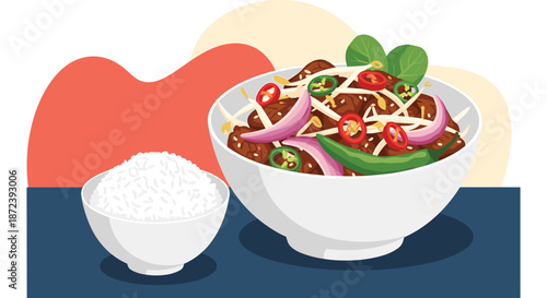 Delicious bowl of stir fried beef with fresh vegetables and red chili served alongside a white bowl of steamed rice on blue surface.