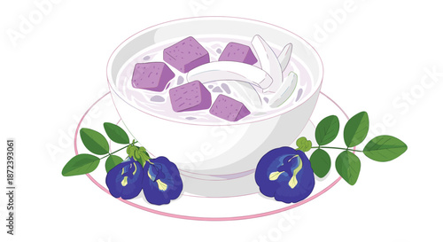 Traditional Thai dessert consisting of purple taro cubes and coconut strips in sweet coconut milk served with butterfly pea flowers.