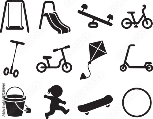 Set of black silhouettes of children playing in various poses, isolated on a white background. Perfect for kids’ activities, playgrounds, education, and recreational design projects.