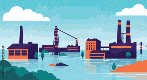 Stylized illustration depicting a flooded industrial factory area during a heavy rainstorm with smoke stacks and orange buildings.