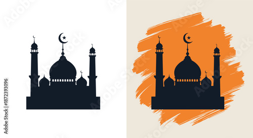 Graphic design featuring silhouettes of a mosque with domes and minarets displayed on plain white and orange brushstroke backgrounds.