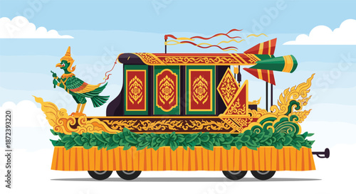 Ornate Thai festival float featuring a large green bird figure and rockets decorated with traditional golden patterns against the sky.